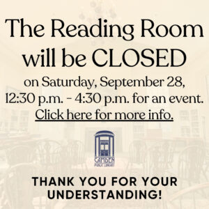 The Reading Room will be Closed on Saturday, September 28, 12:30 – 4:30 p.m.